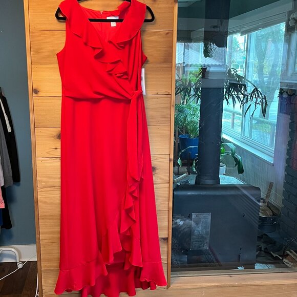 London Times Red Ruffle Faux-Wrap Maxi Dress Women's Size 12 NWT - Picture 2 of 12